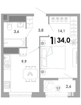 1-к квартира, строящийся дом, 34м2, 14/17 этаж