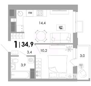 1-к квартира, вторичка, 35м2, 3/16 этаж