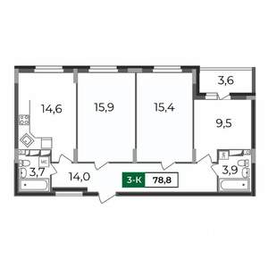 3-к квартира, строящийся дом, 79м2, 4/17 этаж