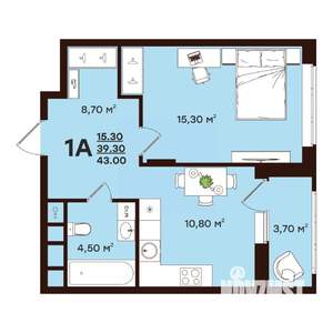 1-к квартира, строящийся дом, 43м2, 12/17 этаж