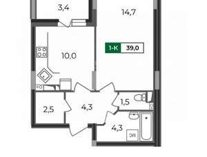 1-к квартира, строящийся дом, 39м2, 12/17 этаж