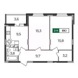 2-к квартира, строящийся дом, 59м2, 6/17 этаж