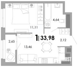 1-к квартира, вторичка, 34м2, 12/17 этаж