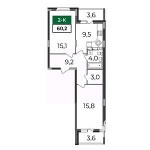 2-к квартира, строящийся дом, 60м2, 12/17 этаж