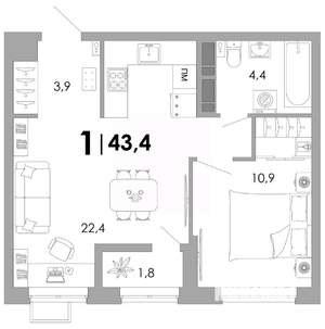 1-к квартира, вторичка, 43м2, 10/16 этаж