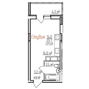 Студия квартира, строящийся дом, 25м2, 6/17 этаж