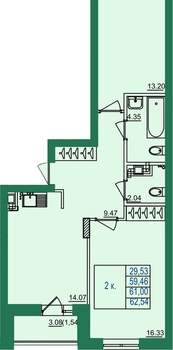 2-к квартира, вторичка, 61м2, 6/8 этаж
