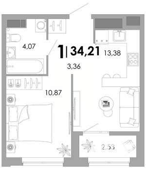 1-к квартира, вторичка, 34м2, 16/17 этаж