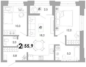 2-к квартира, вторичка, 56м2, 1/17 этаж