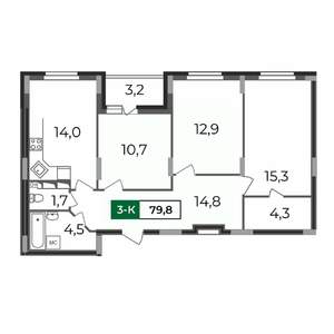 3-к квартира, строящийся дом, 80м2, 14/17 этаж