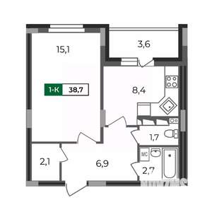 1-к квартира, строящийся дом, 39м2, 15/17 этаж