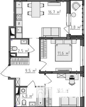 2-к квартира, вторичка, 58м2, 8/9 этаж