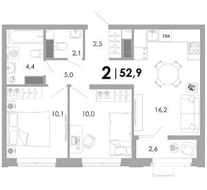 2-к квартира, вторичка, 53м2, 12/16 этаж