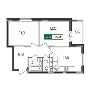 2-к квартира, строящийся дом, 51м2, 9/17 этаж