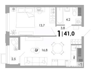 1-к квартира, вторичка, 41м2, 12/16 этаж