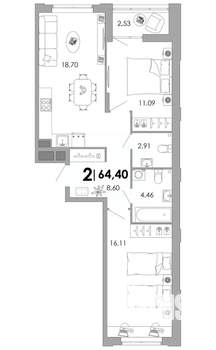 2-к квартира, вторичка, 64м2, 2/17 этаж