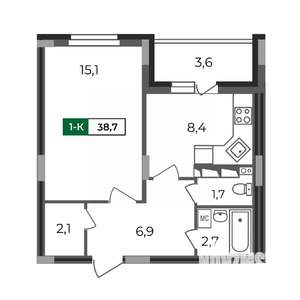1-к квартира, вторичка, 39м2, 12/17 этаж