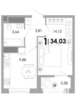 1-к квартира, вторичка, 34м2, 16/17 этаж