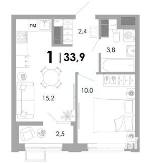 1-к квартира, вторичка, 34м2, 9/16 этаж