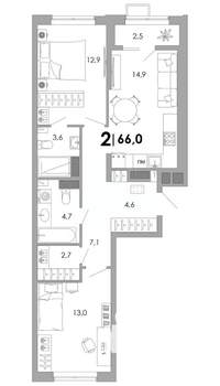 2-к квартира, вторичка, 66м2, 6/16 этаж