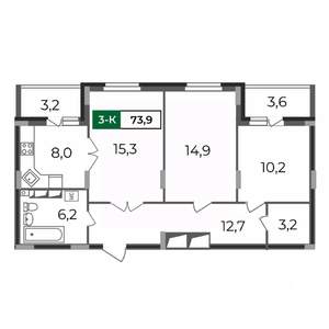 3-к квартира, строящийся дом, 74м2, 2/17 этаж