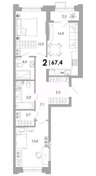 2-к квартира, вторичка, 67м2, 2/16 этаж