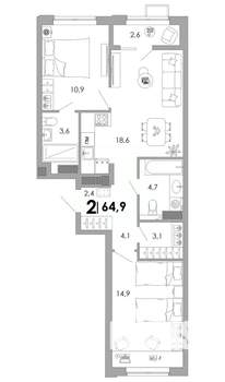 2-к квартира, вторичка, 65м2, 12/16 этаж