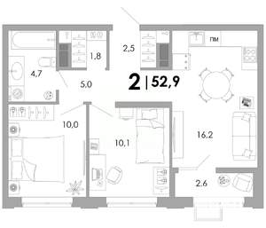 2-к квартира, вторичка, 53м2, 10/16 этаж