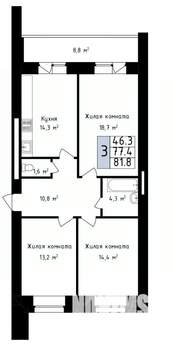 3-к квартира, вторичка, 82м2, 4/14 этаж