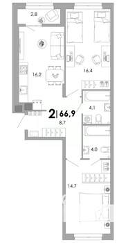 2-к квартира, вторичка, 67м2, 2/17 этаж