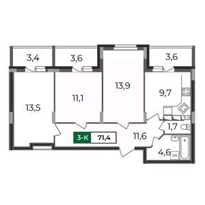 3-к квартира, строящийся дом, 71м2, 11/17 этаж