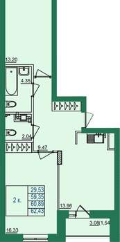 2-к квартира, вторичка, 61м2, 5/8 этаж