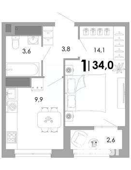 1-к квартира, строящийся дом, 34м2, 4/17 этаж