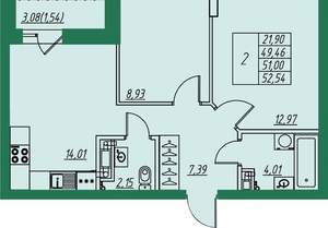 2-к квартира, вторичка, 51м2, 3/8 этаж