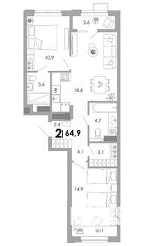 2-к квартира, вторичка, 65м2, 3/16 этаж