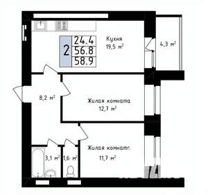 2-к квартира, вторичка, 59м2, 1/14 этаж