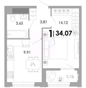 1-к квартира, вторичка, 34м2, 16/17 этаж