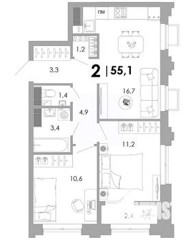 2-к квартира, вторичка, 55м2, 7/16 этаж