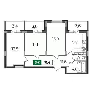 3-к квартира, строящийся дом, 71м2, 13/17 этаж
