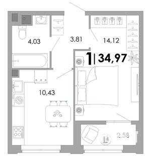1-к квартира, вторичка, 35м2, 2/17 этаж