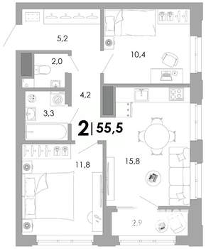2-к квартира, вторичка, 56м2, 9/17 этаж