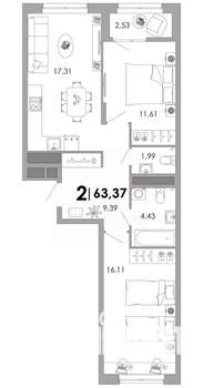 2-к квартира, вторичка, 63м2, 16/17 этаж
