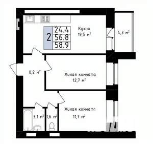 2-к квартира, вторичка, 59м2, 4/14 этаж