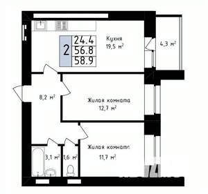 2-к квартира, вторичка, 59м2, 5/14 этаж