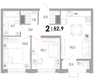 2-к квартира, вторичка, 53м2, 3/16 этаж