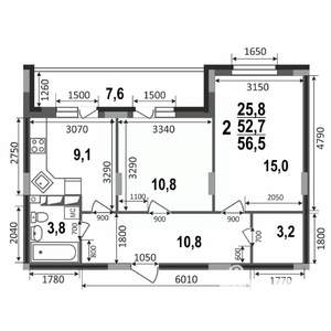 2-к квартира, строящийся дом, 57м2, 13/17 этаж