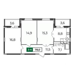 3-к квартира, строящийся дом, 78м2, 16/17 этаж