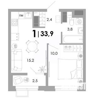 1-к квартира, вторичка, 34м2, 12/16 этаж