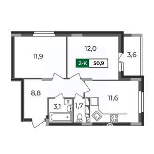 2-к квартира, строящийся дом, 51м2, 1/17 этаж
