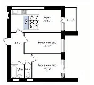 2-к квартира, вторичка, 60м2, 14/14 этаж